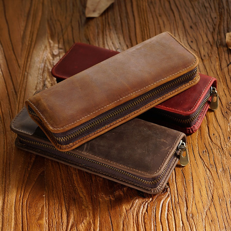 First Layer Cowhide Retro Square Men's Zipper Pencil Case