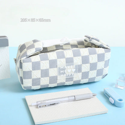 Checkerboard Large Capacity Canvas Pencil Bag