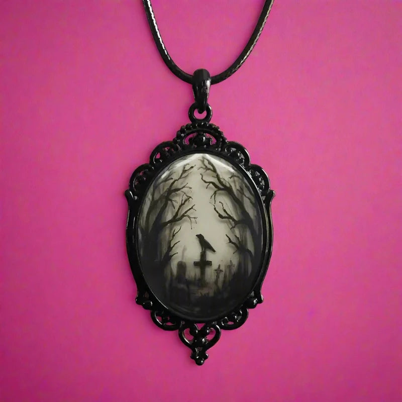 Halloween Gothic Raven Cross Necklace