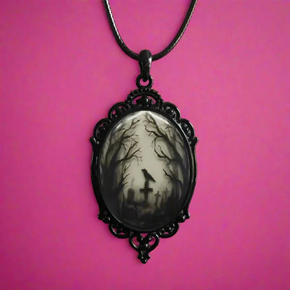 Halloween Gothic Raven Cross Necklace