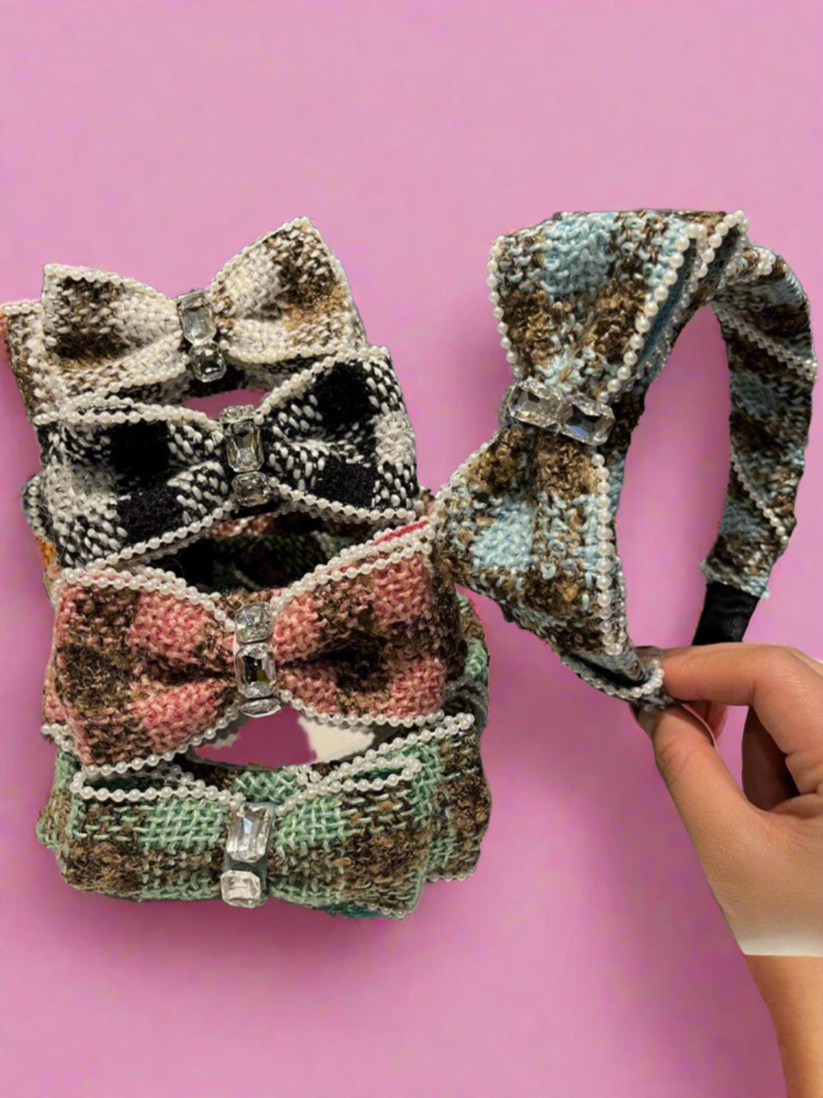 Sophisticated Sweetheart Plaid Tweed Bow Headband