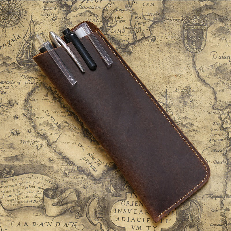 Simple Retro Cowhide Large Capacity Pencil Case