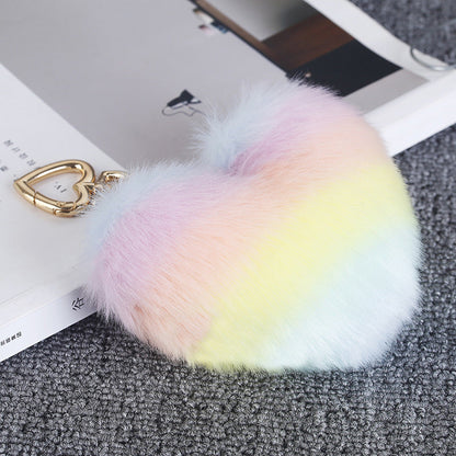 Faux Fur Multicolor Splicing Heart Keychain