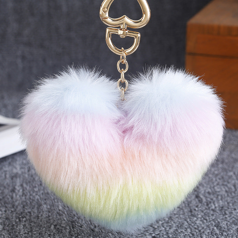 Faux Fur Multicolor Splicing Heart Keychain