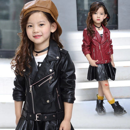 Wholesale Children's PU Leather Jacket Short Belt Buckle Solid Color Leather Jacket Jacket