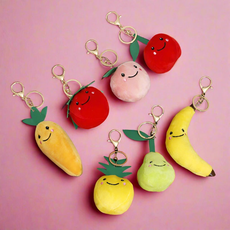 Simulated Apple Banana Fruit Hair Ball Keychain