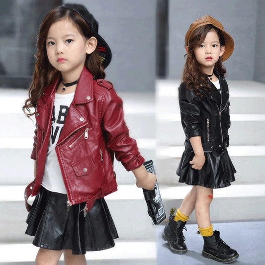 Wholesale Children's PU Leather Jacket Short Belt Buckle Solid Color Leather Jacket Jacket