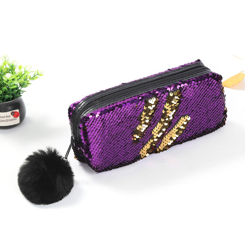 Fur Ball Sequin Pencil Case Cosmetic Bag