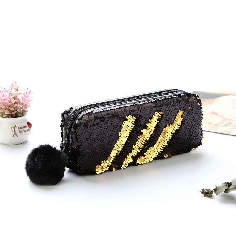 Fur Ball Sequin Pencil Case Cosmetic Bag