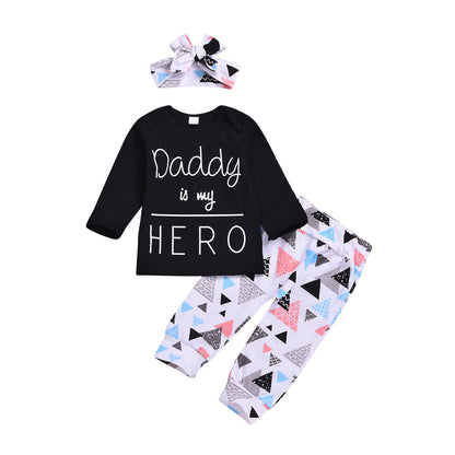 Cotton Children's Letter Sleeved Top Triangle Printed Pants Set