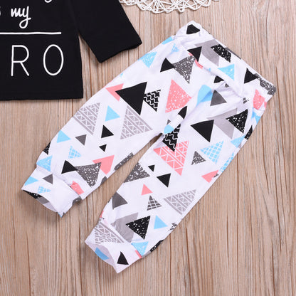 Cotton Children's Letter Sleeved Top Triangle Printed Pants Set