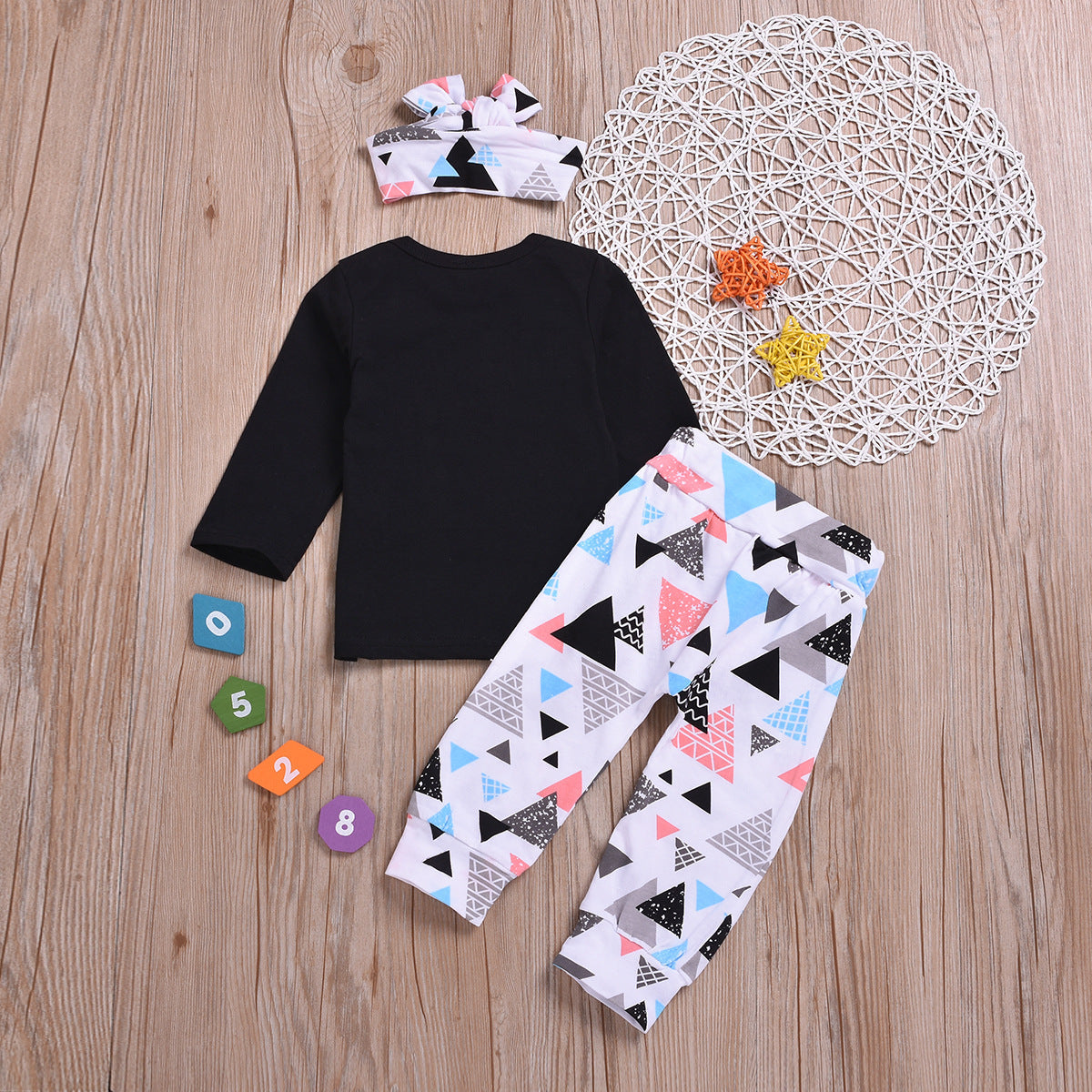 Cotton Children's Letter Sleeved Top Triangle Printed Pants Set