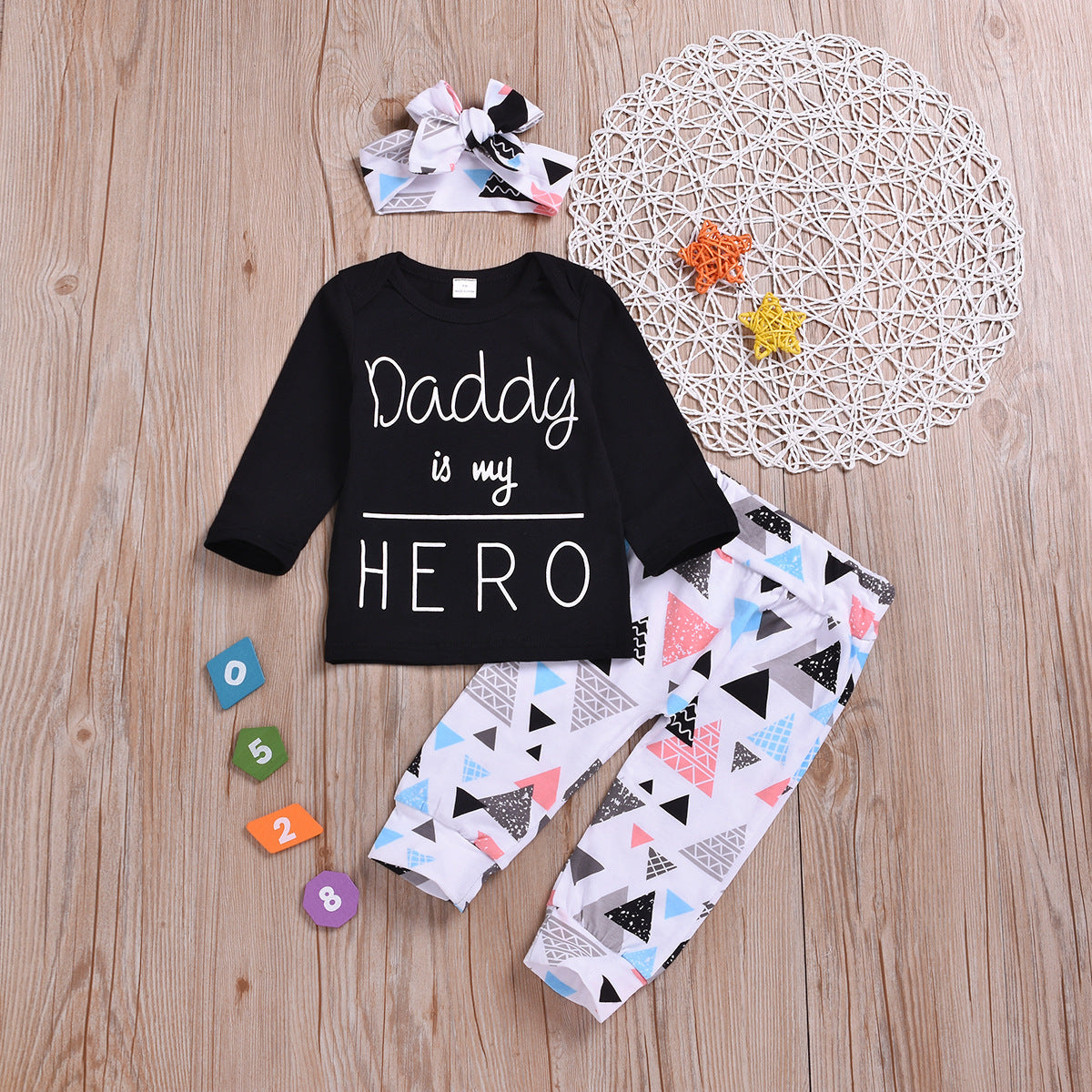 Cotton Children's Letter Sleeved Top Triangle Printed Pants Set