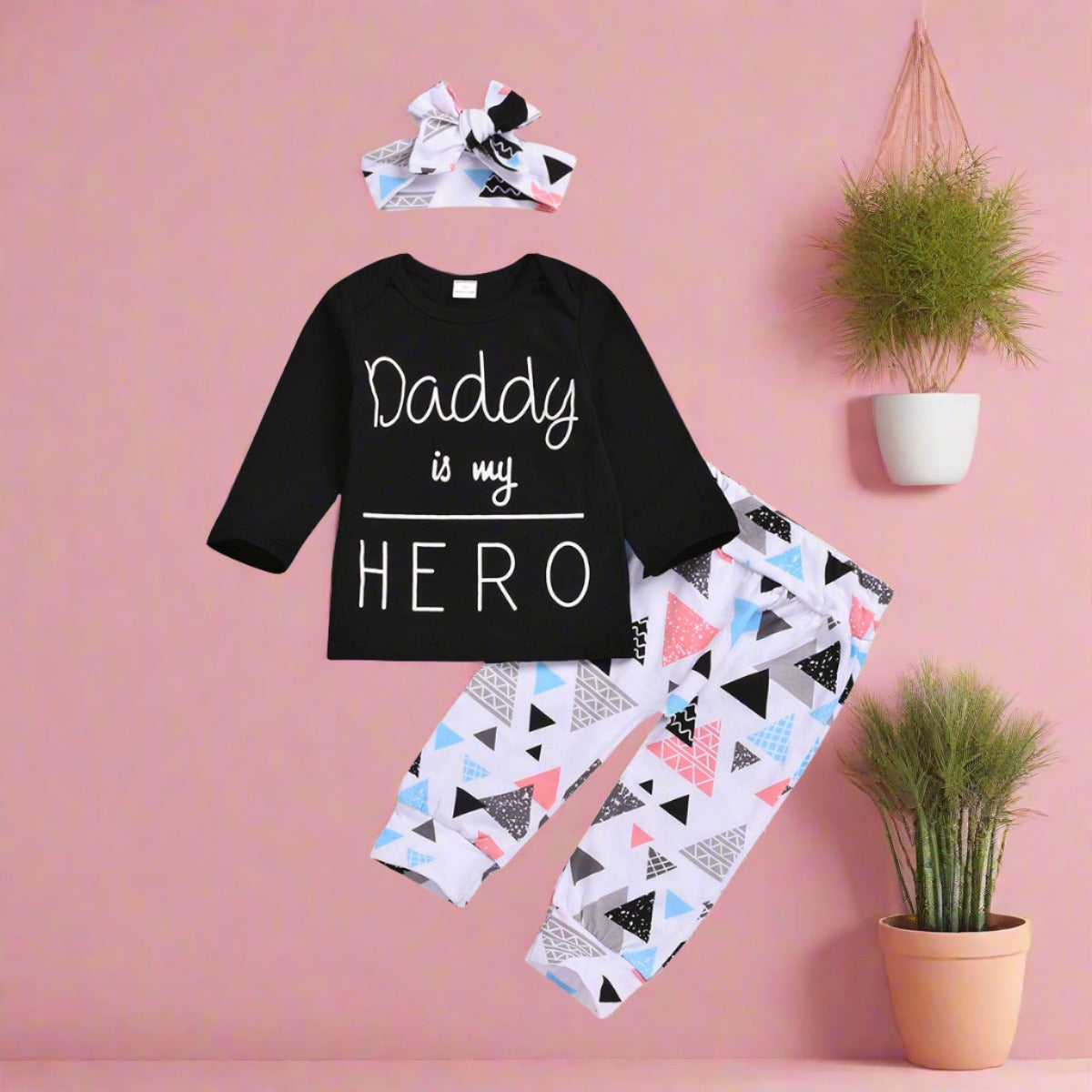 Cotton Children's Letter Sleeved Top Triangle Printed Pants Set