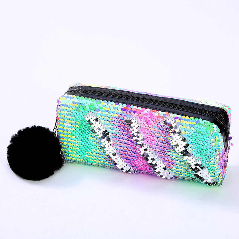 Fur Ball Sequin Pencil Case Cosmetic Bag