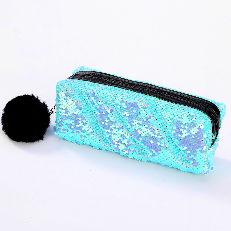 Fur Ball Sequin Pencil Case Cosmetic Bag