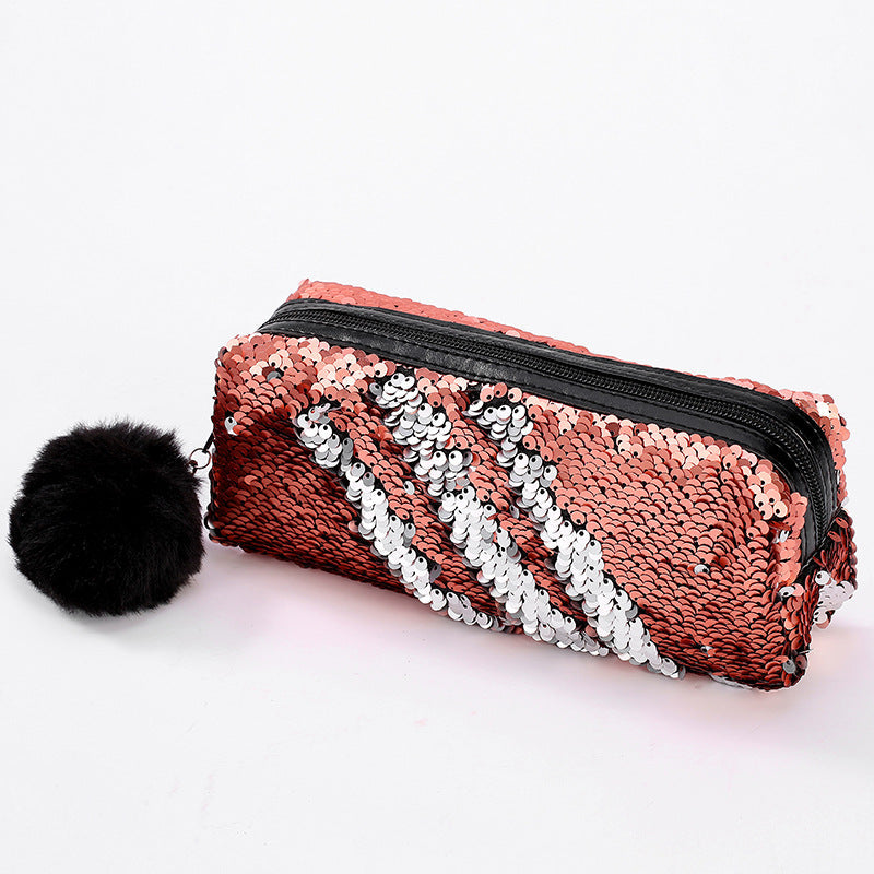 Fur Ball Sequin Pencil Case Cosmetic Bag