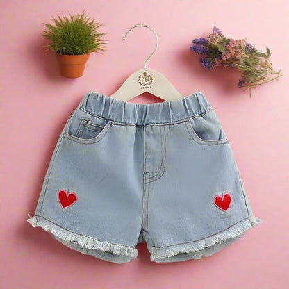 Girls summer embroidered love denim shorts