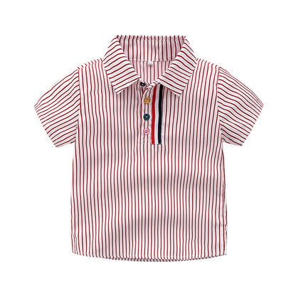 Boys' Cotton Lapel Short Sleeved Striped Shirt Casual Pants Set