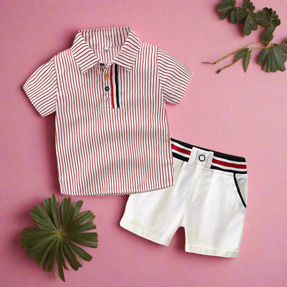 Boys' Cotton Lapel Short Sleeved Striped Shirt Casual Pants Set