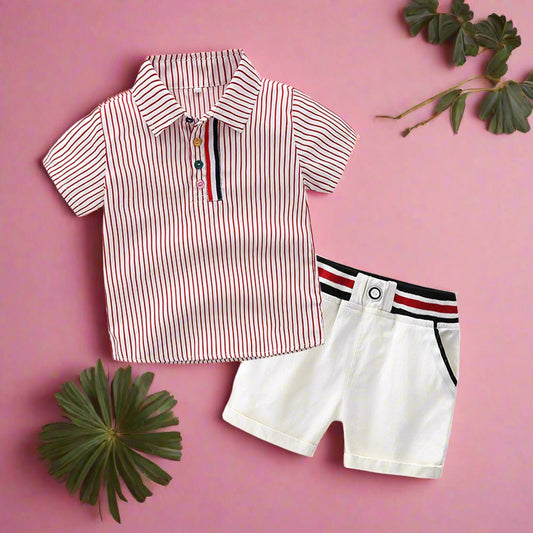 Boys' Cotton Lapel Short Sleeved Striped Shirt Casual Pants Set