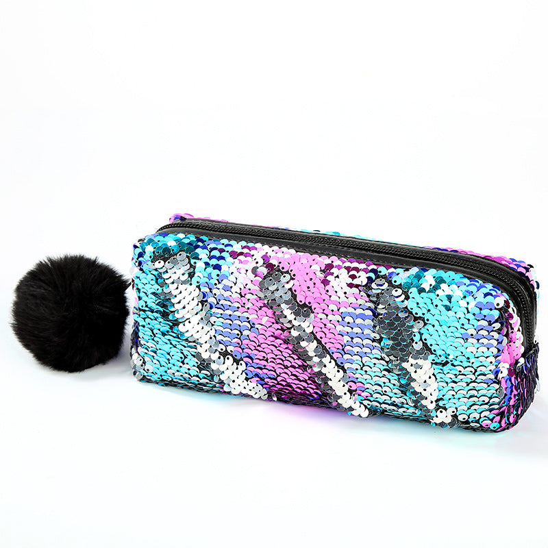 Fur Ball Sequin Pencil Case Cosmetic Bag