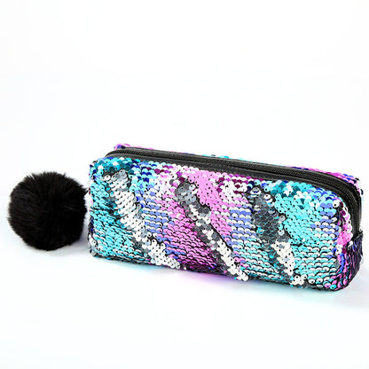 Fur Ball Sequin Pencil Case Cosmetic Bag