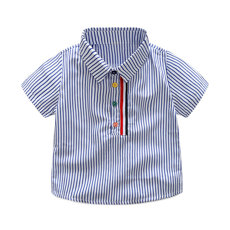 Boys' Cotton Lapel Short Sleeved Striped Shirt Casual Pants Set