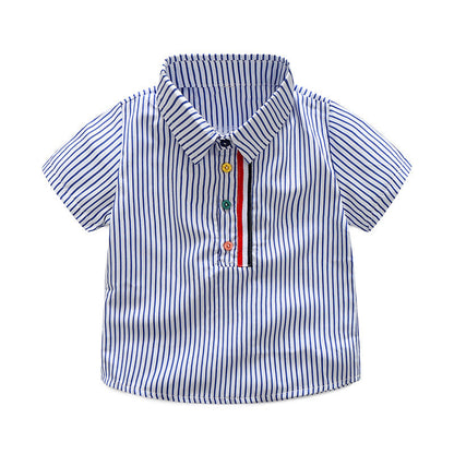 Boys' Cotton Lapel Short Sleeved Striped Shirt Casual Pants Set