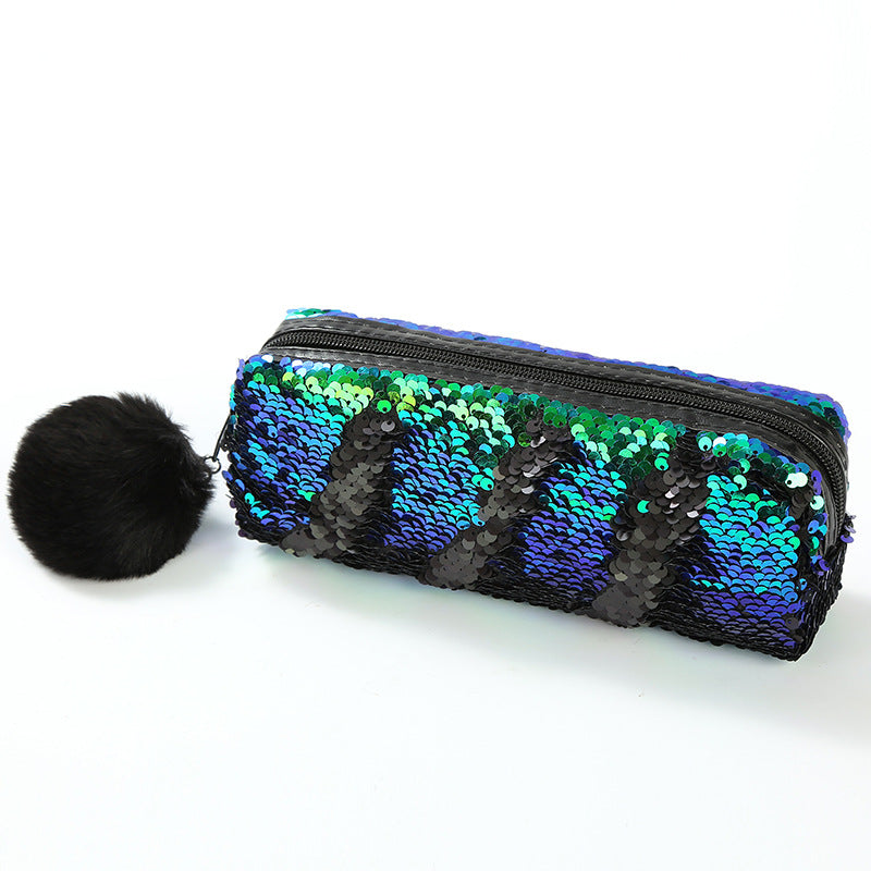 Fur Ball Sequin Pencil Case Cosmetic Bag
