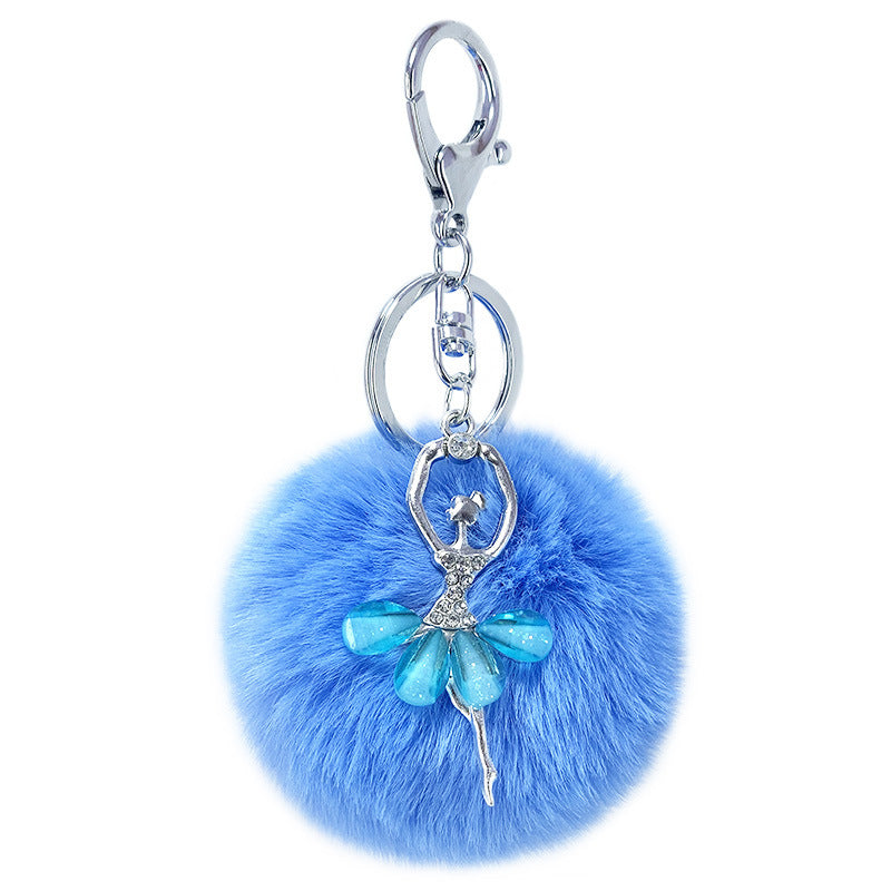 Alloy Diamond Ballerina Fur Ball Keychain