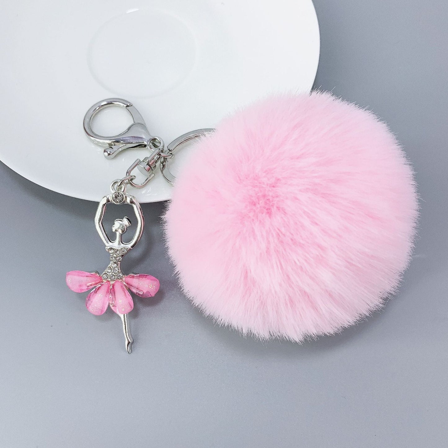 Alloy Diamond Ballerina Fur Ball Keychain