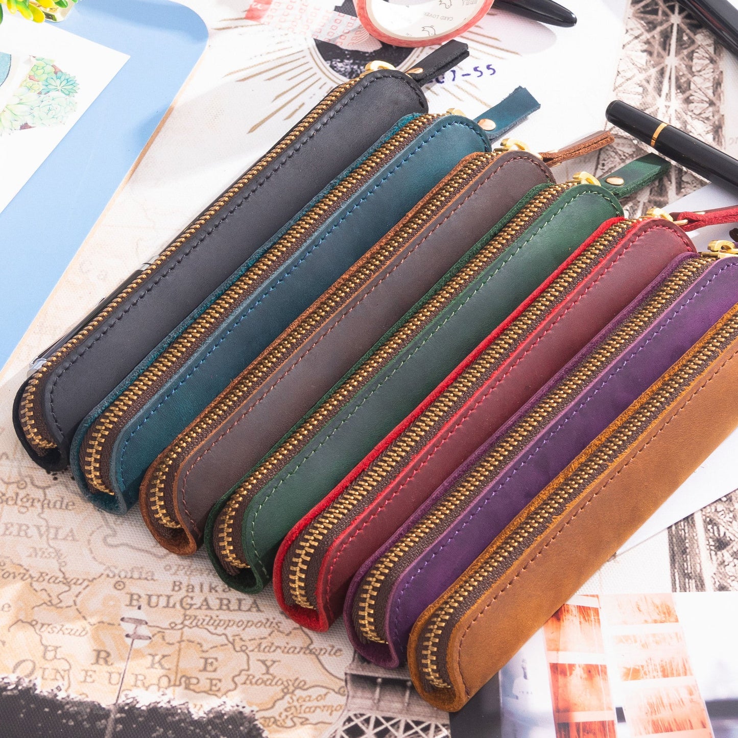 Retro Simple Cowhide Zipper Mini Pencil Case