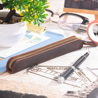 Retro Simple Cowhide Zipper Mini Pencil Case
