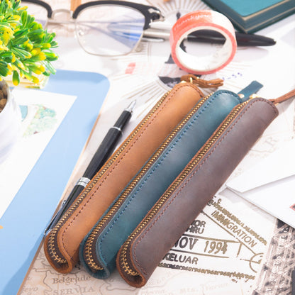 Retro Simple Cowhide Zipper Mini Pencil Case