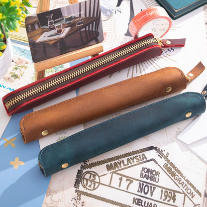 Retro Simple Cowhide Zipper Mini Pencil Case