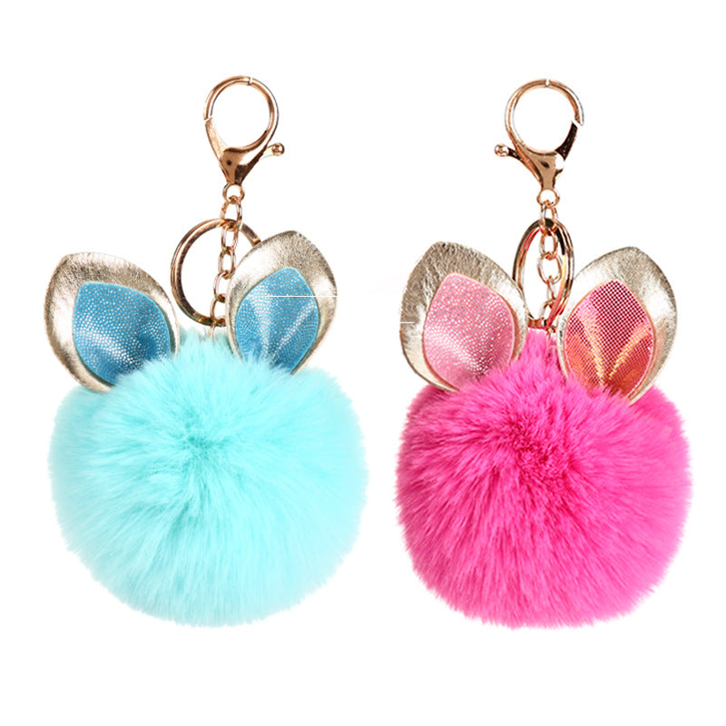 Sequin Rabbit Ear Fur Ball Keychain