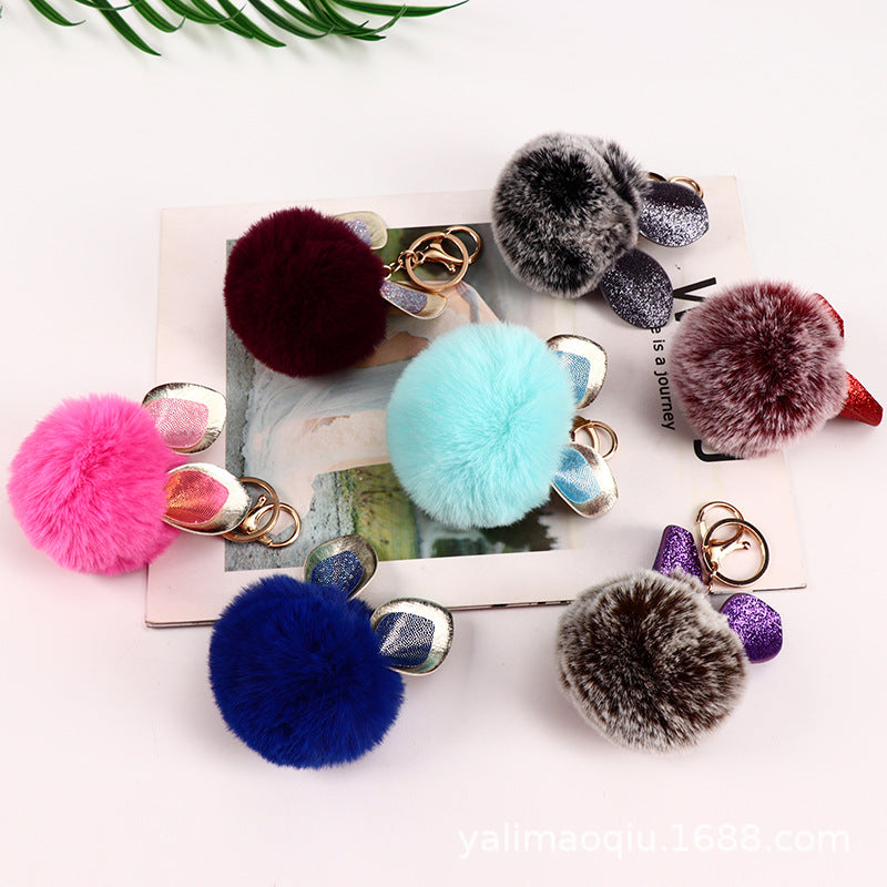 Sequin Rabbit Ear Fur Ball Keychain