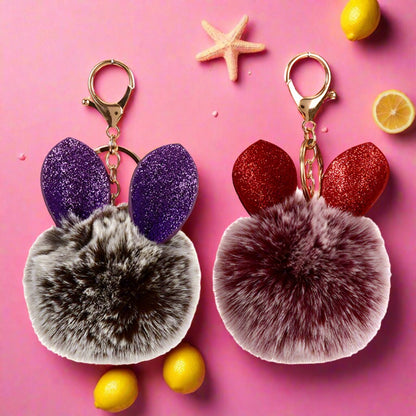 Sequin Rabbit Ear Fur Ball Keychain