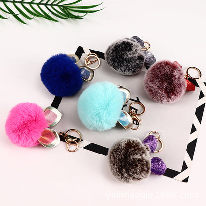 Sequin Rabbit Ear Fur Ball Keychain