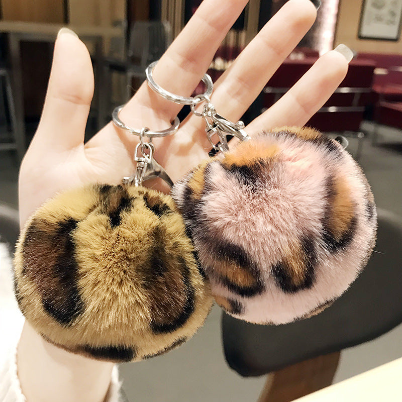 Leopard Pattern Plush Ball Metal Keychains