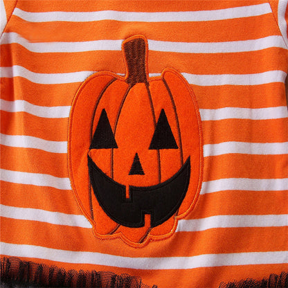 Baby Girls Striped Cartoon Bow Halloween Jumpsuits Headwear