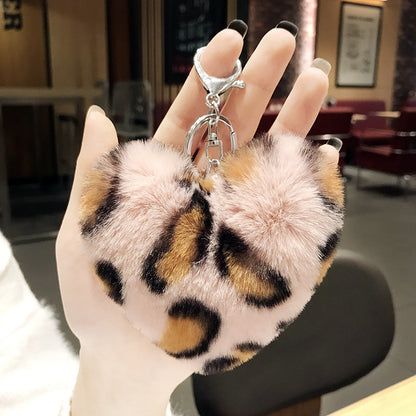 Leopard Pattern Plush Ball Metal Keychains