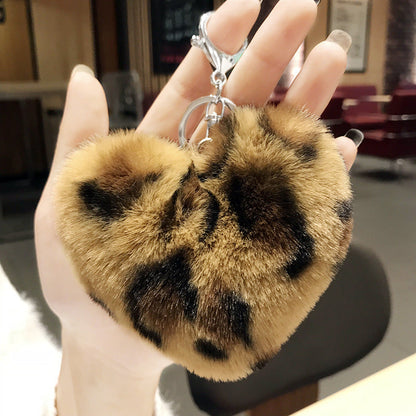 Leopard Pattern Plush Ball Metal Keychains
