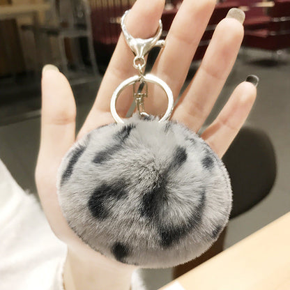 Leopard Pattern Plush Ball Metal Keychains