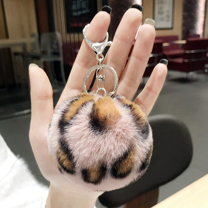 Leopard Pattern Plush Ball Metal Keychains