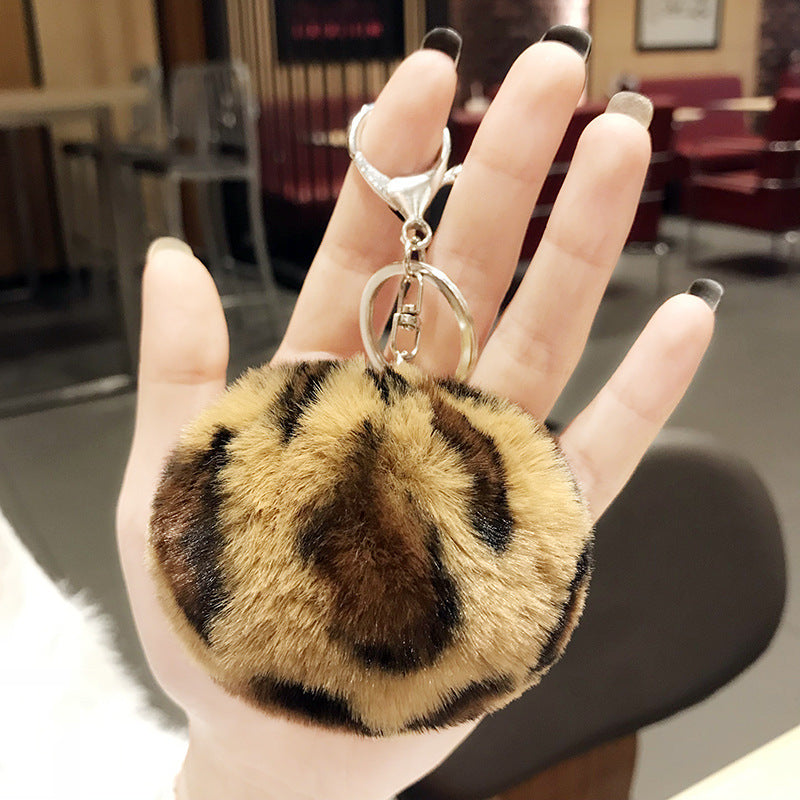 Leopard Pattern Plush Ball Metal Keychains