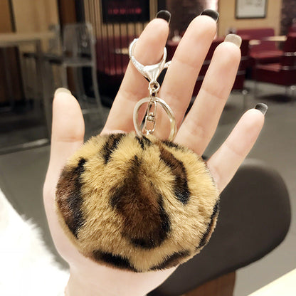 Leopard Pattern Plush Ball Metal Keychains