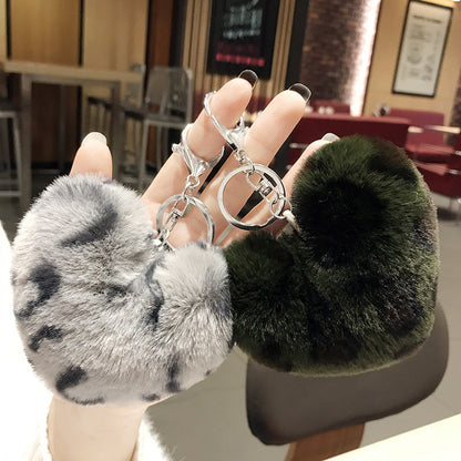 Leopard Pattern Plush Ball Metal Keychains