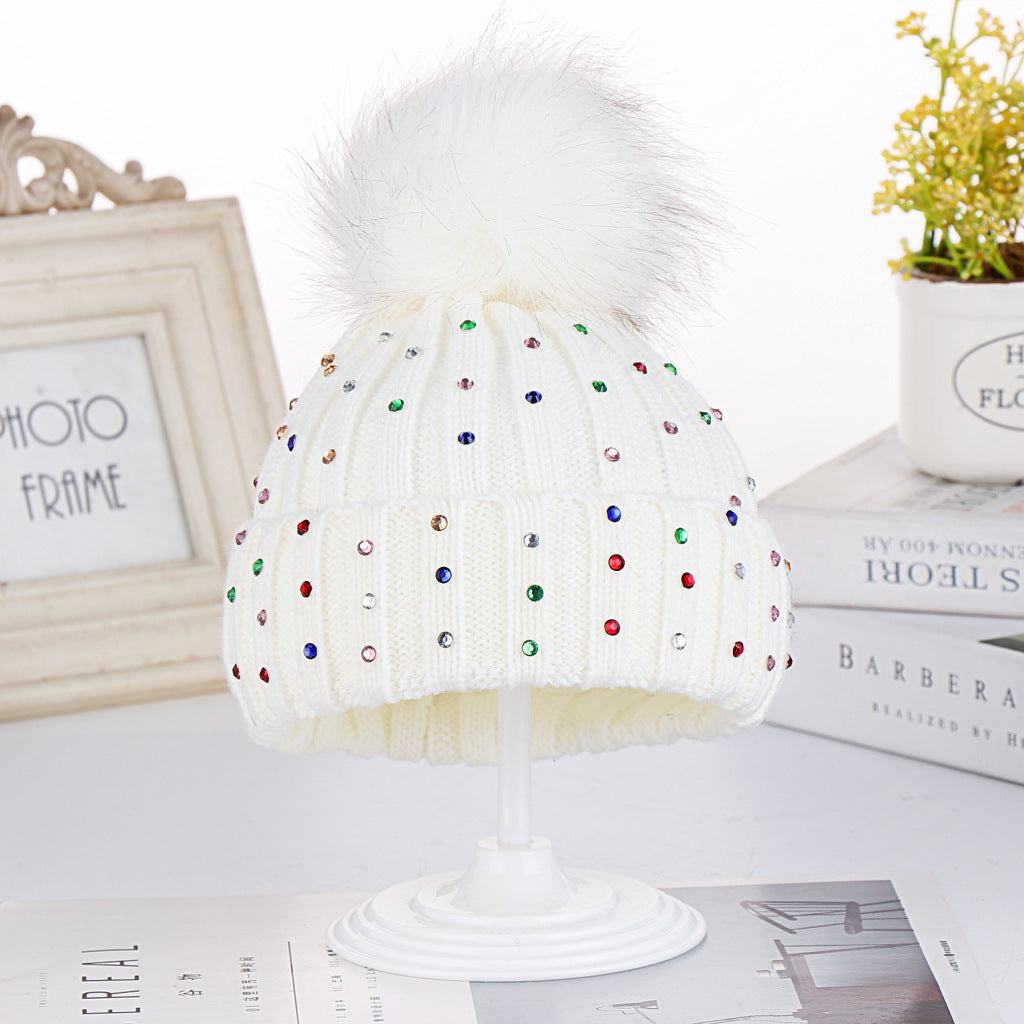 Wholesale Autumn and Winter Children's Fur Ball Knitted Hats Colorful Diamond Acrylic Ear Protection Hats